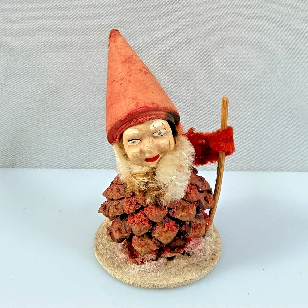 Vintage West Germany Pine Cone Gnome Putz Elf Christmas Figurine Cane FLAW